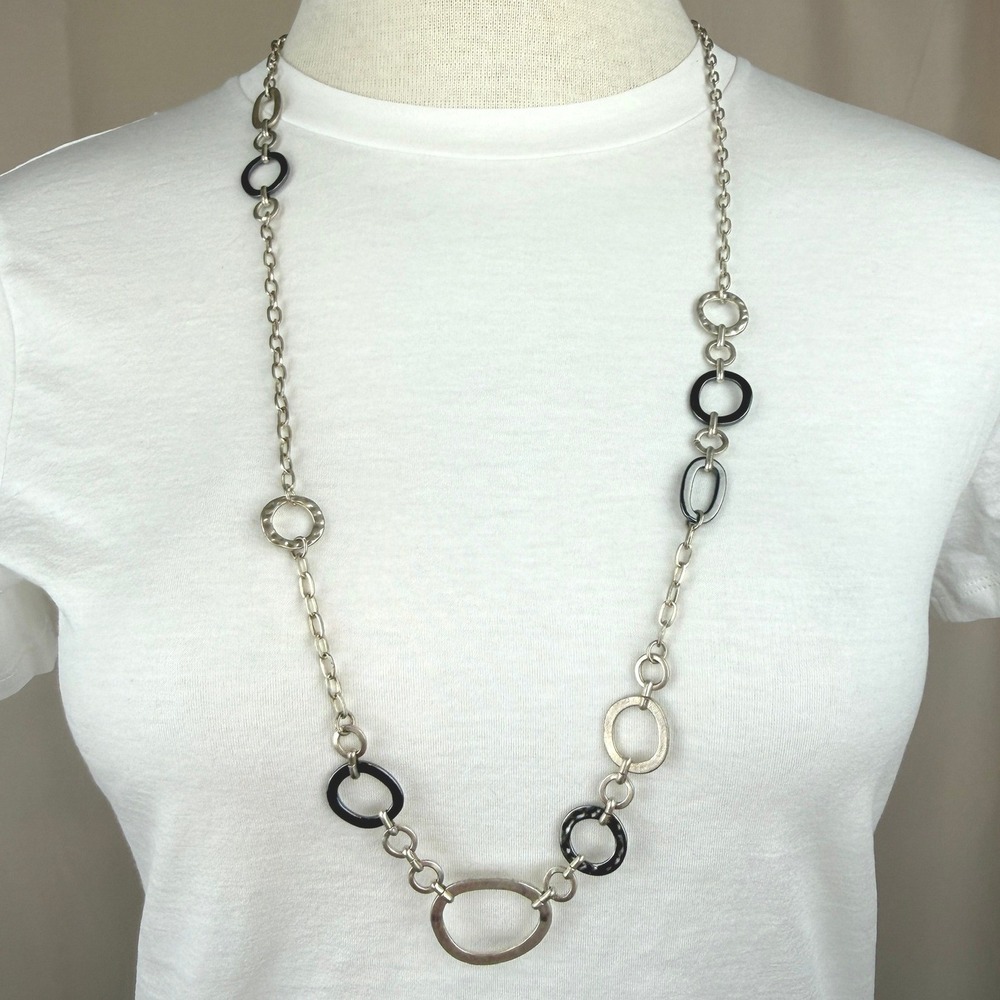 Mixed Metal Chain Necklace Silver Hammered Belly Modern Chic Gunmetal